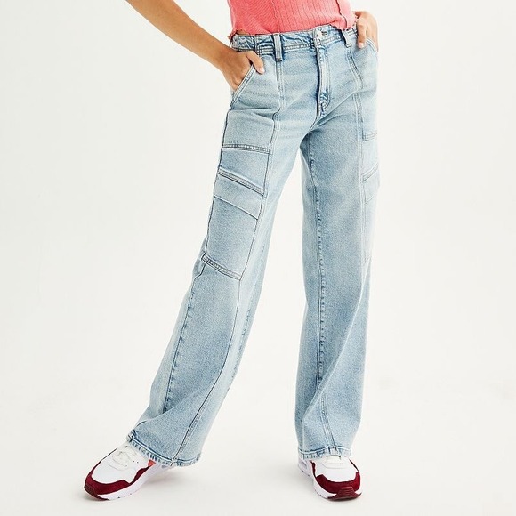 NWT SO Low Rise Carpenter Utility Jeans Size 15 Light Wash Wide Leg Y2K‎ Style - Picture 1 of 10